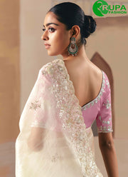 Cream Color Embroidered and Sequins Work Fancy Fabric Classic Saree
